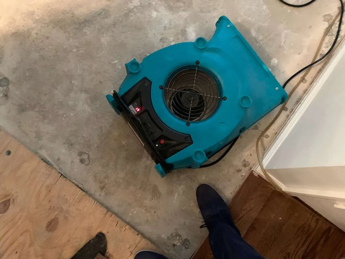 Air mover drying subfloor during Leak Detection & Repair in Manlius